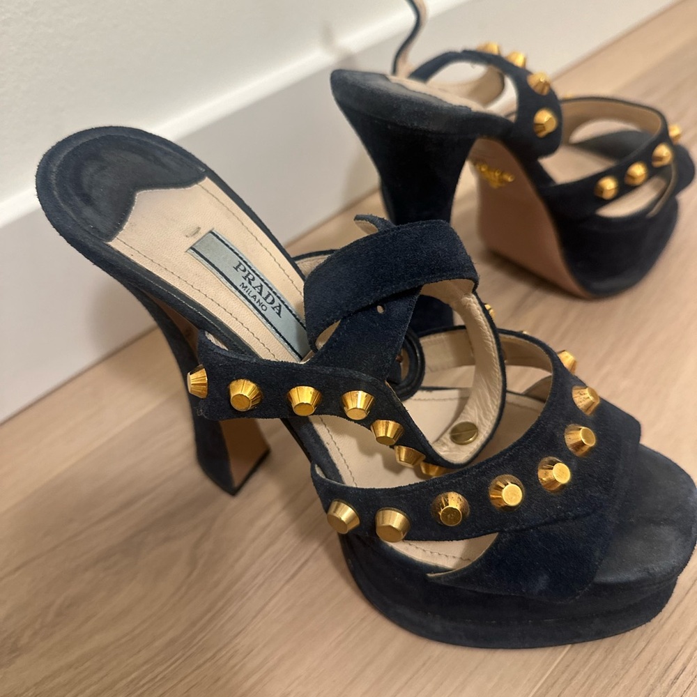 Prada Navy Heels with Gold Studs